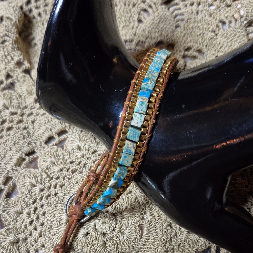 Artisan Turquoise and Brown Leather Bracelet